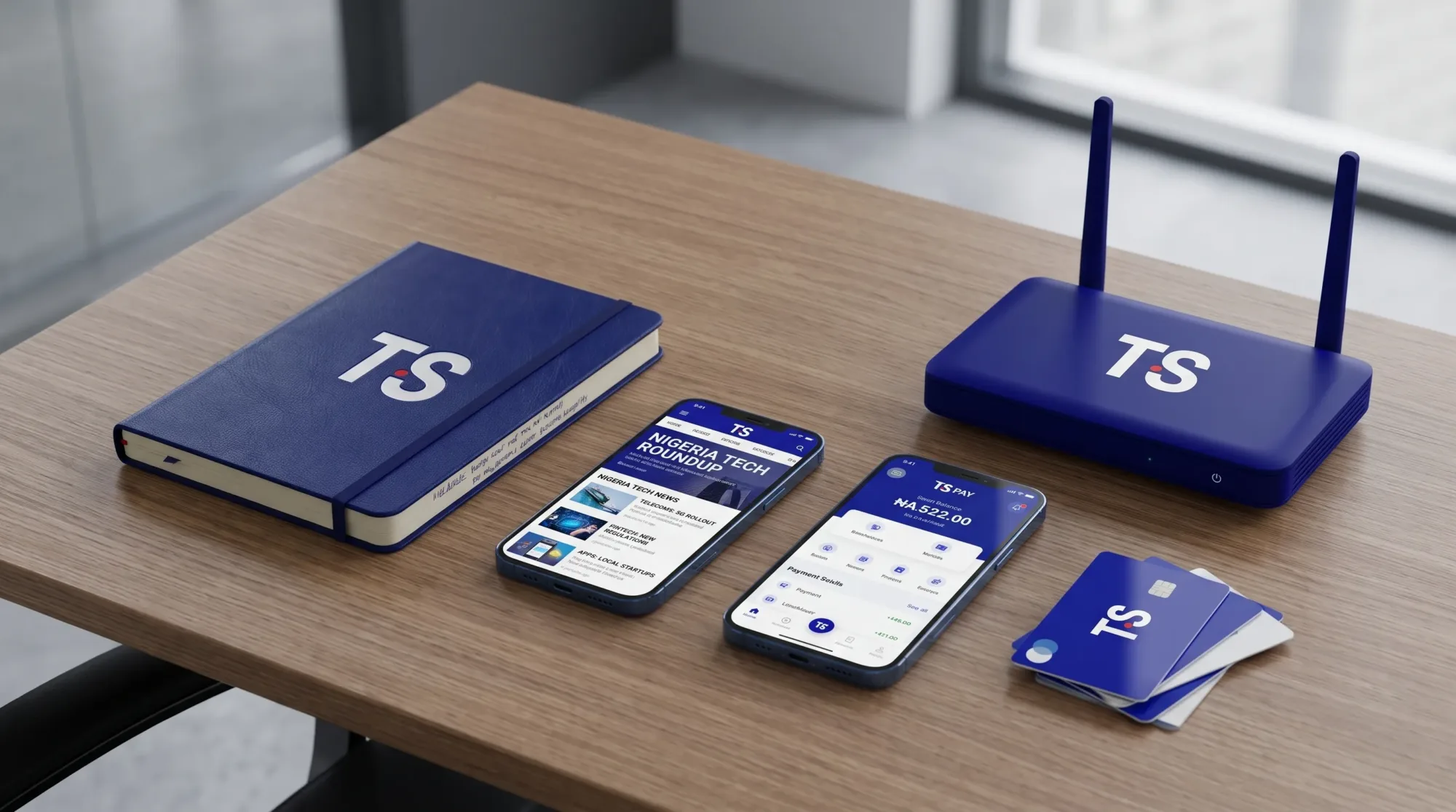 A desk with smartphones, a Wi-Fi router, payment cards and a notebook reflects the Nigeria tech news roundup on telecoms, fintech and apps.