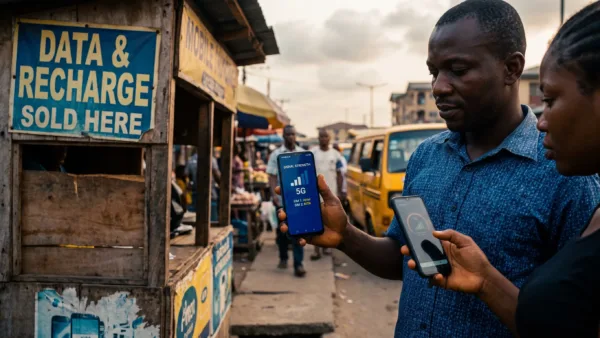 A Nigerian adult checks an Infinix Hot 20 5G signal beside another phone during a street-side network test.
