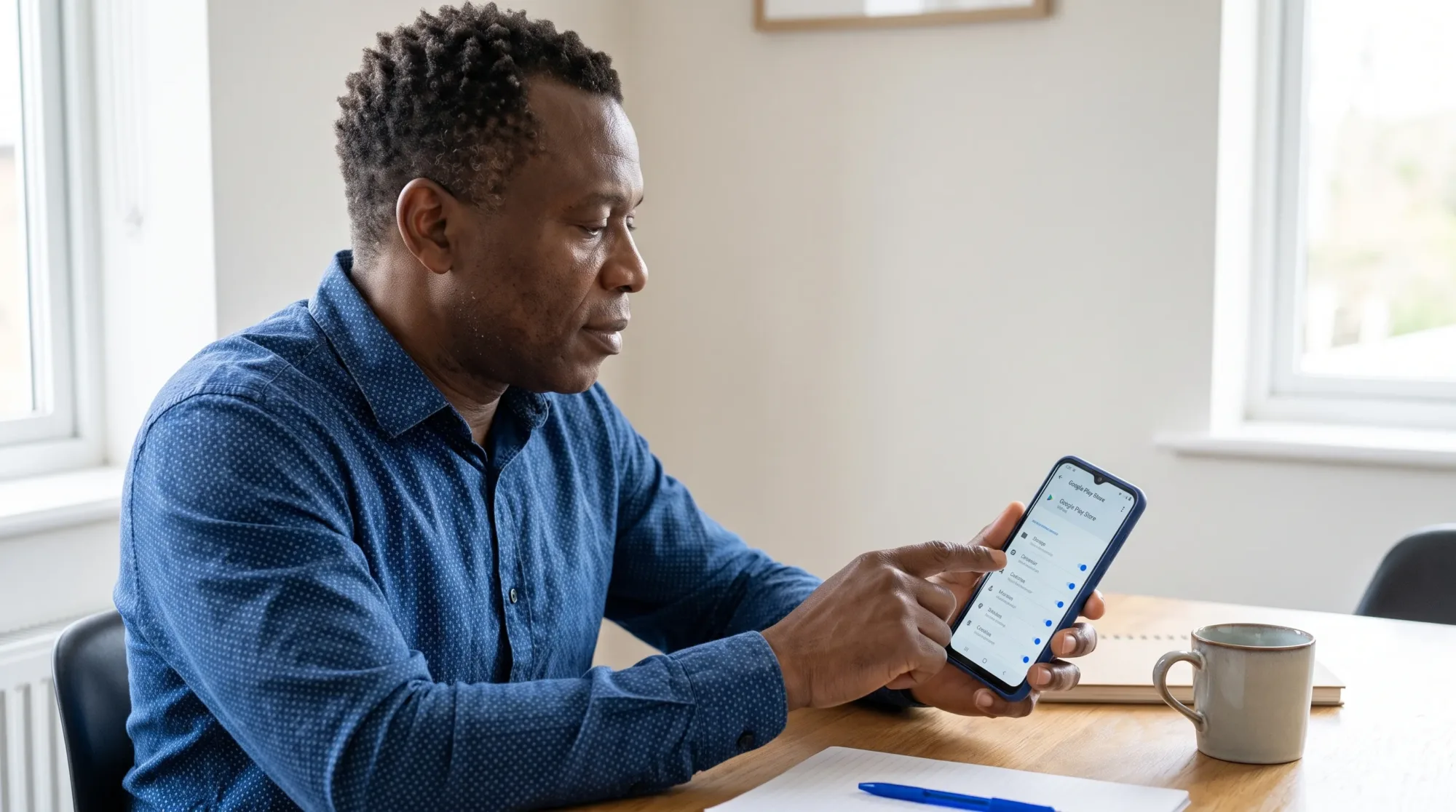 A Nigerian adult reviews app permissions on a smartphone before installing Google Play Store, with the phone held above a table.