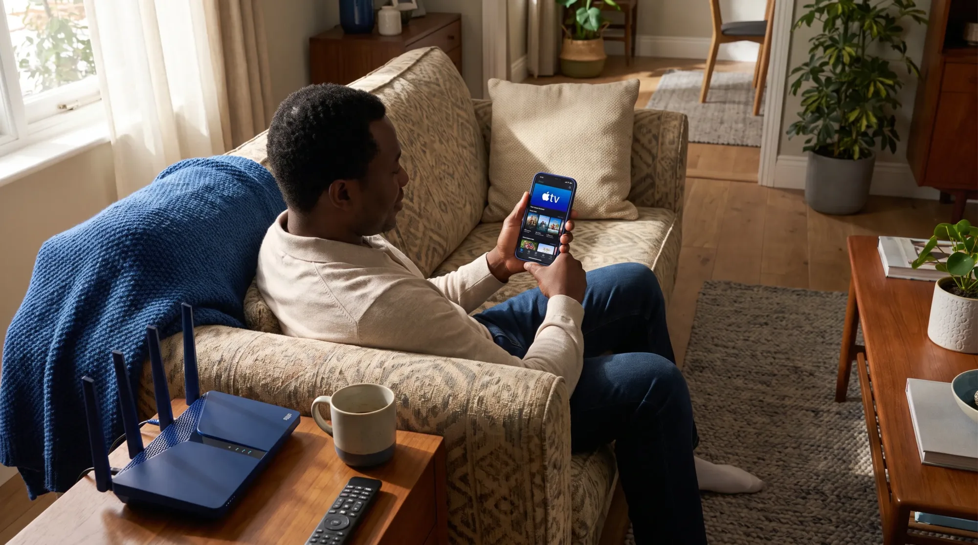 A Nigerian adult sits in a living room with a Wi-Fi router nearby while checking the Apple TV app listing on an Android phone.