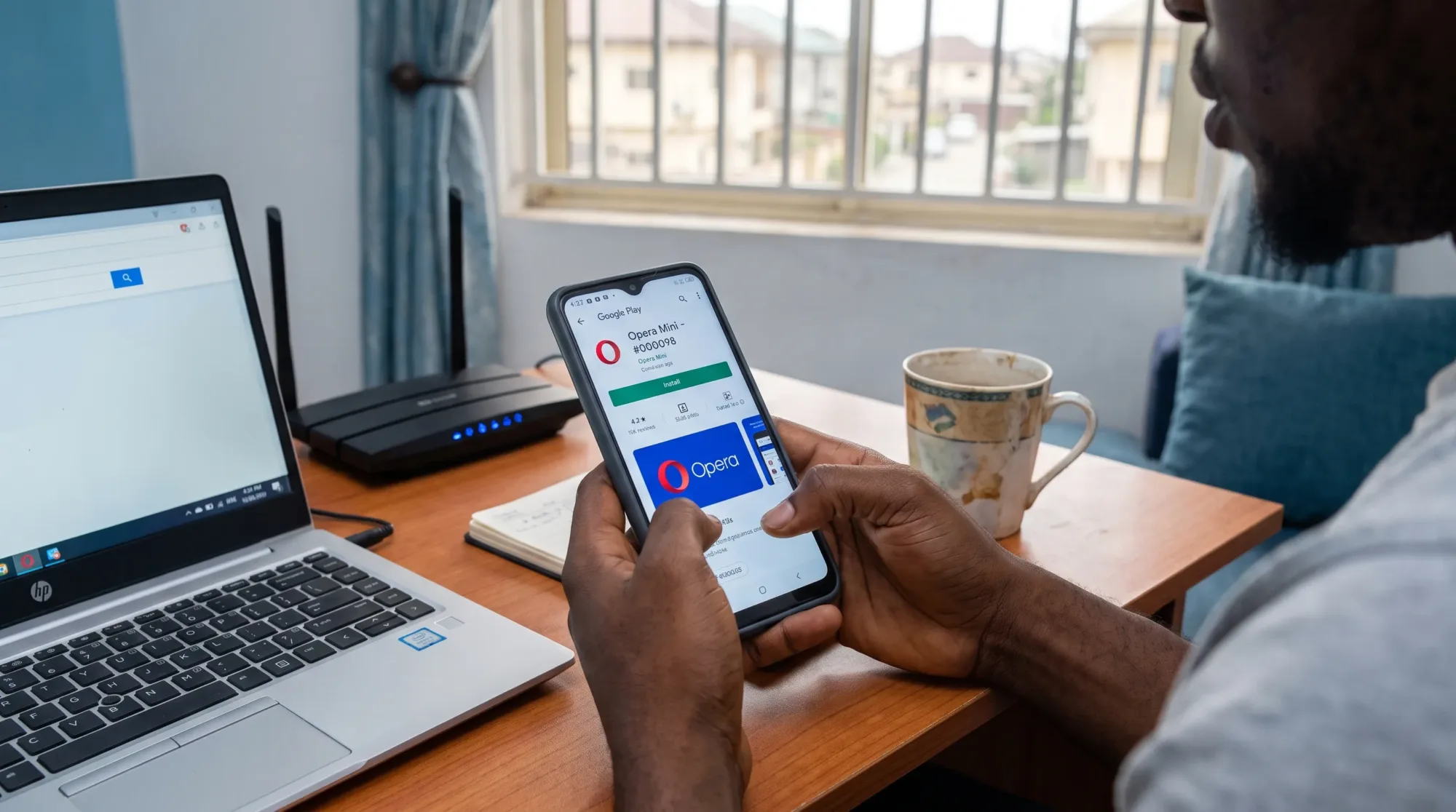 A Nigerian Android user checks the official Opera Mini listing on a smartphone beside a laptop and Wi‑Fi router at a home desk.