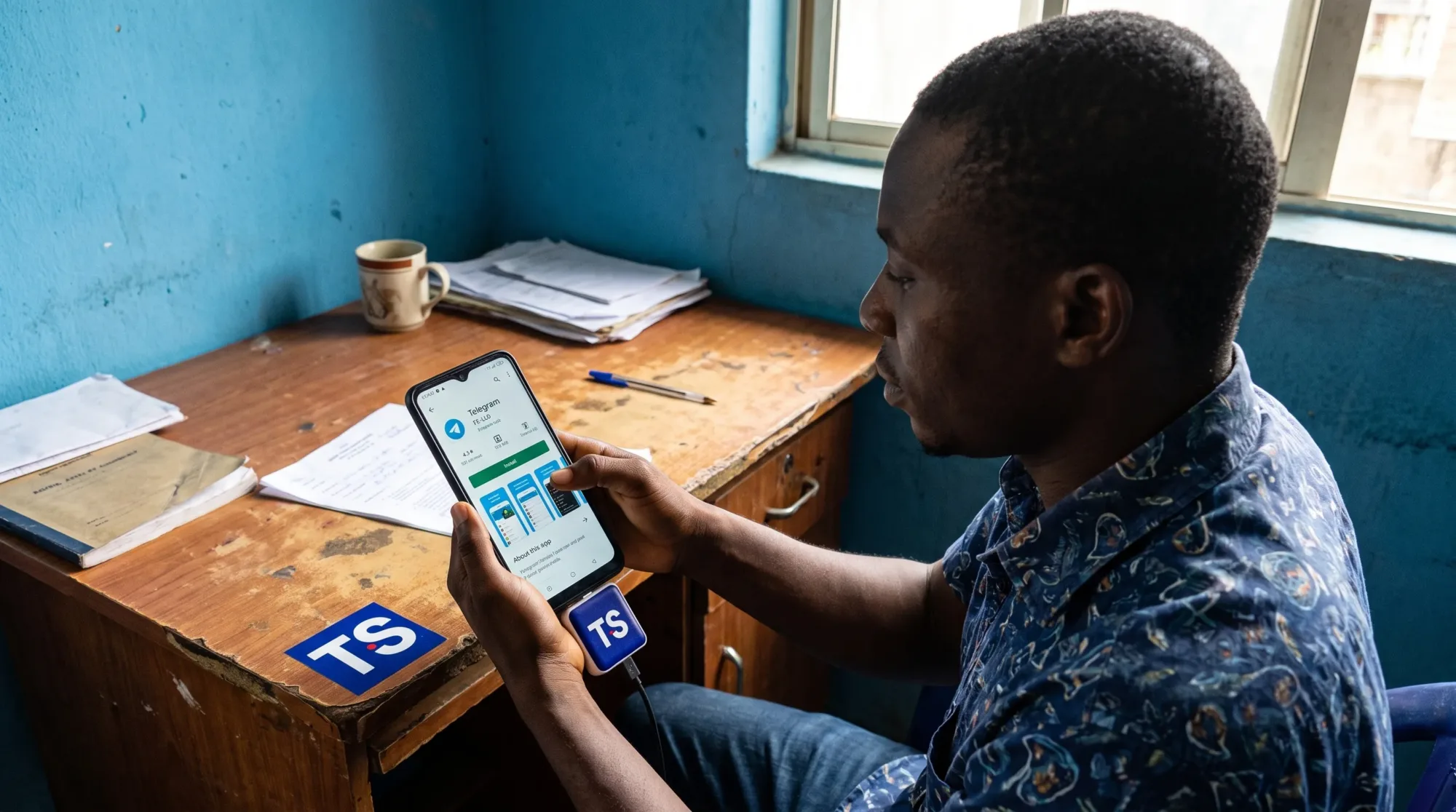 A Nigerian Android user checks the Telegram listing on a phone at a small desk before downloading it safely.