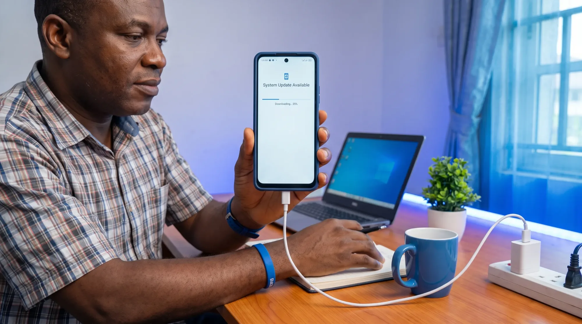A Nigerian smartphone user at a desk checks the Tecno Spark 10 Pro system update screen while the phone stays plugged in.