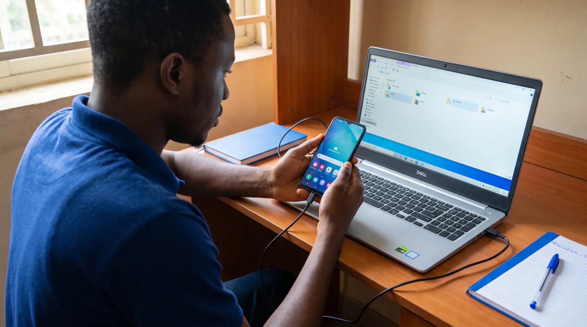 A Nigerian student connects an Android phone to a Windows laptop with a USB cable at a desk, with the phone unlocked and File Explorer open.