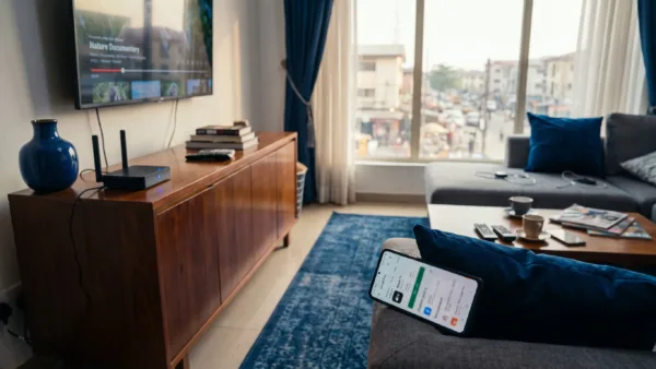 An Android phone on a living room sofa shows the Apple TV app listing near a Wi-Fi router, highlighting how Nigerians can use it at home.