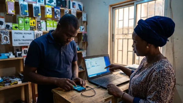 Two adults check an Android phone connection to a Windows laptop in a repair shop.
