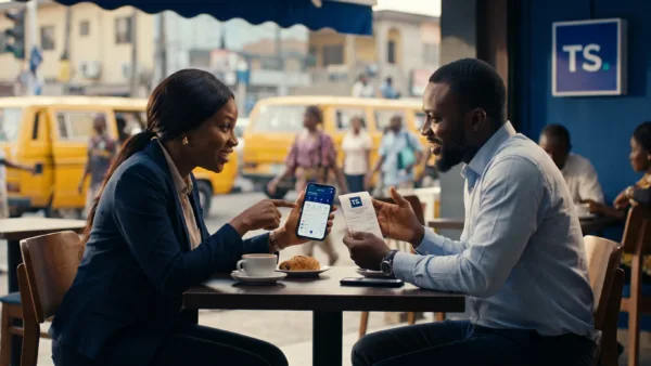 Two people compare a phone, a bank app and a data receipt while discussing Nigeria tech news updates.