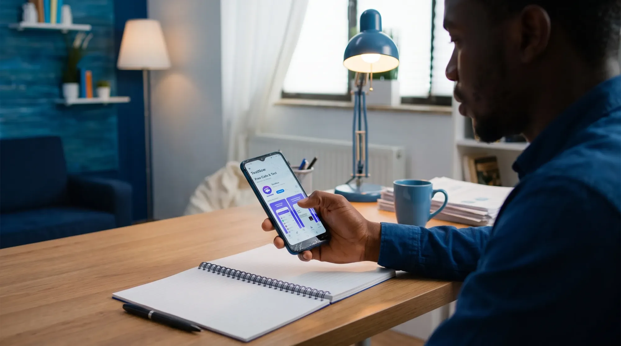 A Nigerian adult checks a smartphone at a home desk before downloading TextNow, with a notebook nearby and the screen turned towards the user.