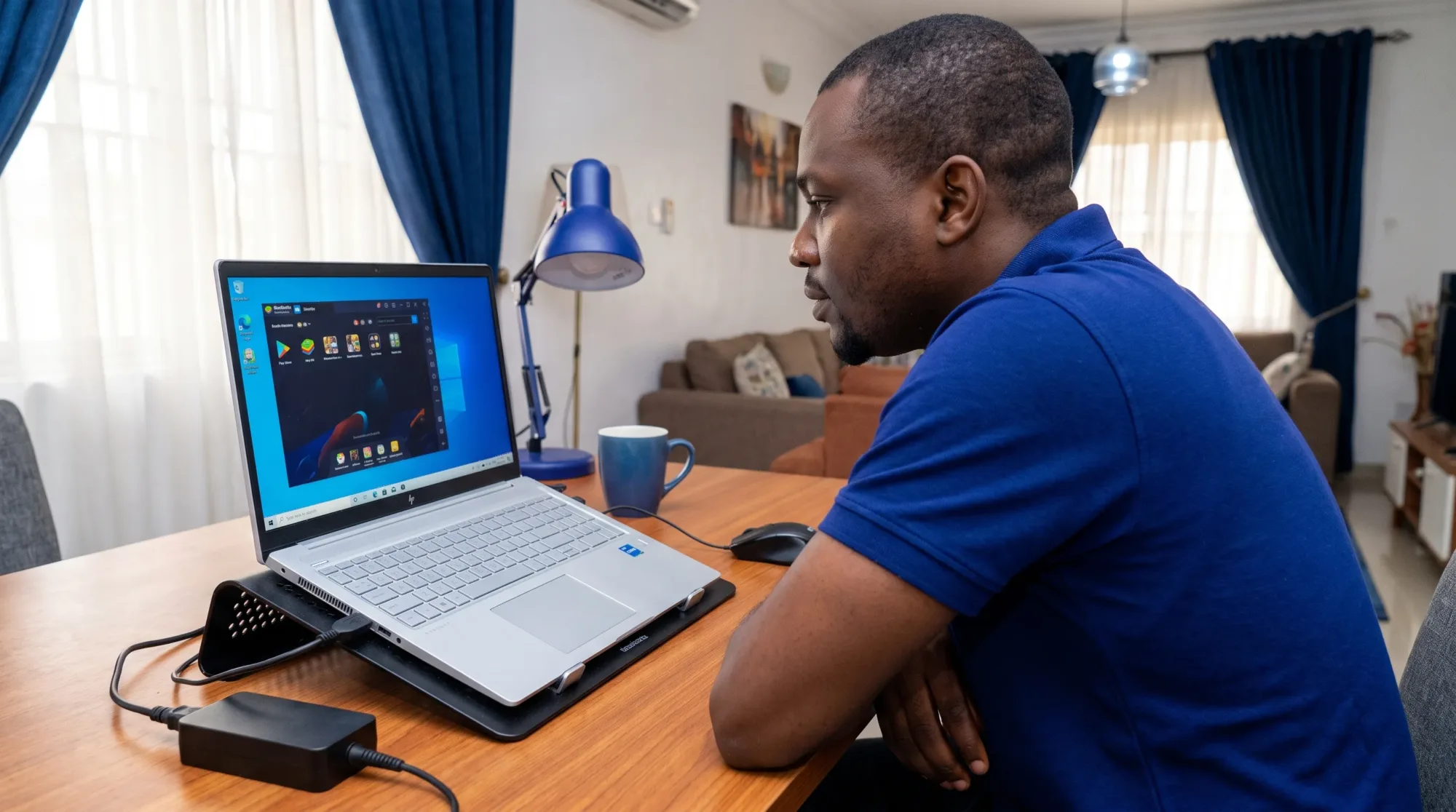 A Nigerian adult checks a Windows laptop on a ventilated stand at a home desk after downloading BlueStacks, with a mouse and charger nearby.