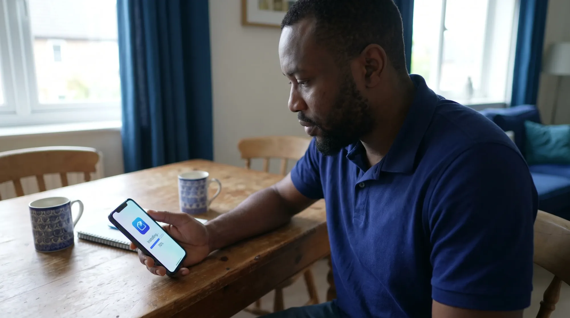 A Nigerian adult checks an Android app installation while seated at a home table, holding the phone naturally with its screen facing them.