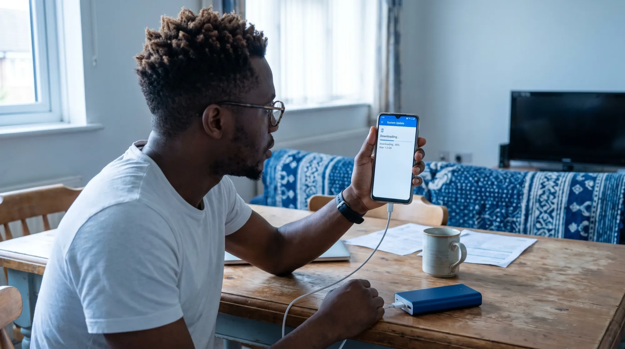 A Nigerian phone owner checks an Android update screen at a home table with a charging cable connected and a power bank beside the phone.
