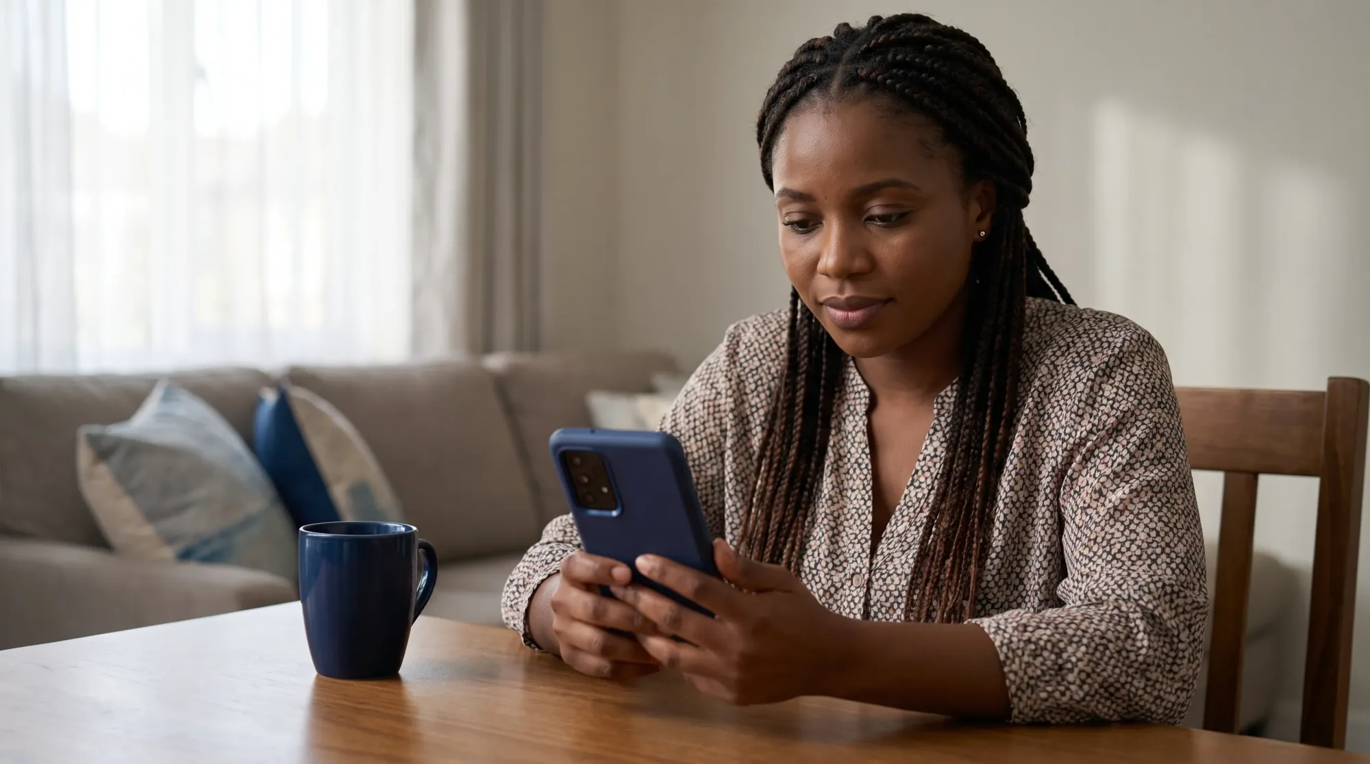 A Nigerian woman at a home table checks the MX Player listing on her Android phone, with the screen facing her and a quiet living room in the background.