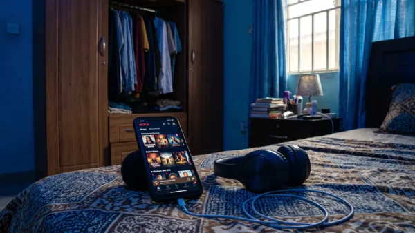 A phone on a Nigerian bedroom bedspread showing the Netflix app after an official download.