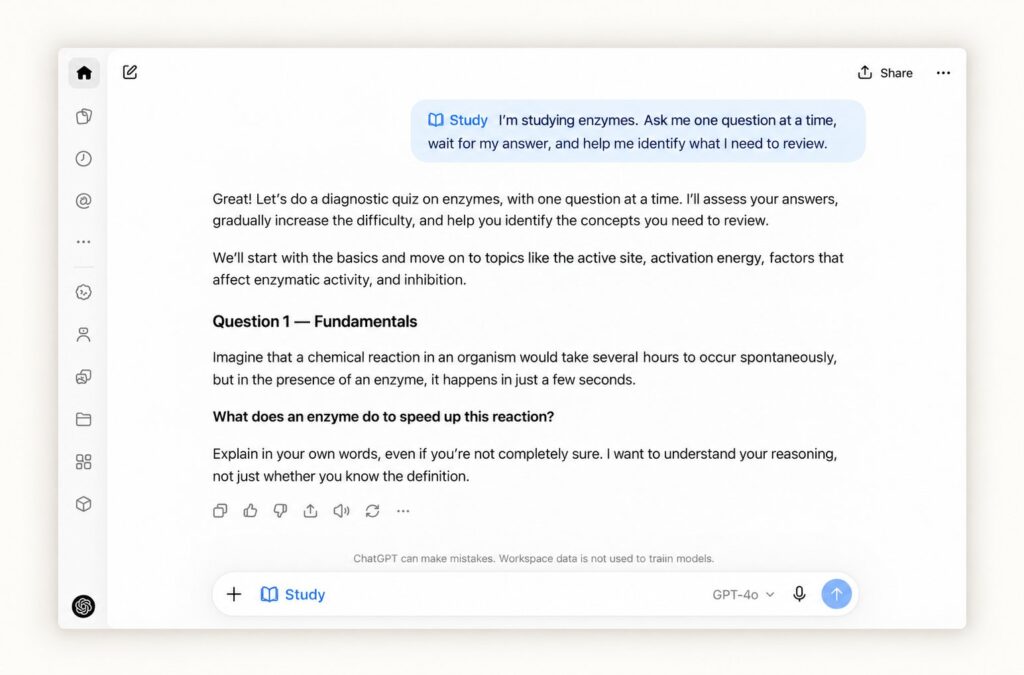 ChatGPT Study Mode guiding a student through an enzyme quiz one question at a time