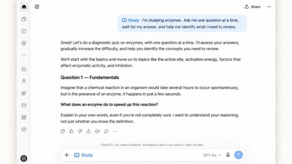 ChatGPT Study Mode guiding a student through an enzyme quiz one question at a time