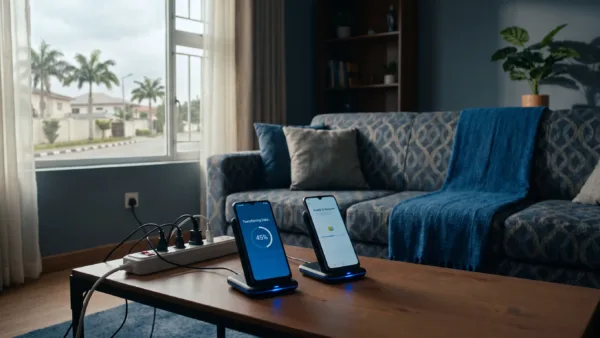 Two Android phones charge in a Nigerian living room as their owner prepares to move data to a new handset.