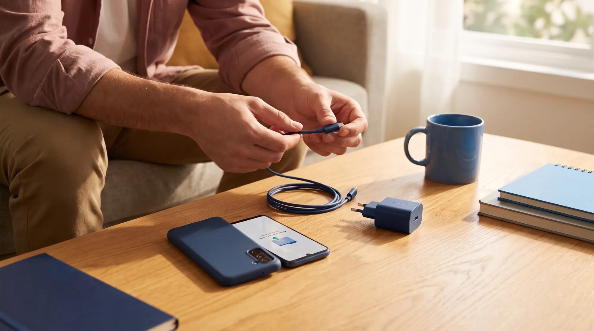 Two Android phones sit beside a compatible USB cable and charger on a home table as their owner prepares to transfer selected data between them.